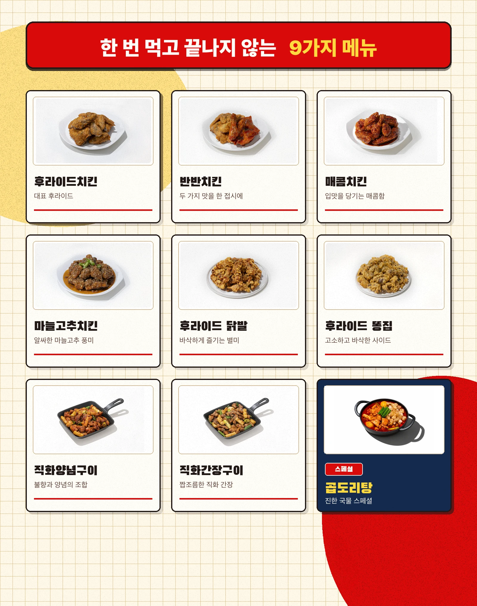 후라이드치킨, 반반치킨, 매콤치킨, 마늘고추치킨, 후라이드 닭발, 후라이드 똥집, 직화양념구이, 직화간장구이, 곱도리탕으로 구성한 닭장수후라이드 인기메뉴판